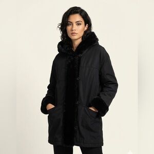 Vintage Black Hooded Faux Fur Button Down Coat - size L